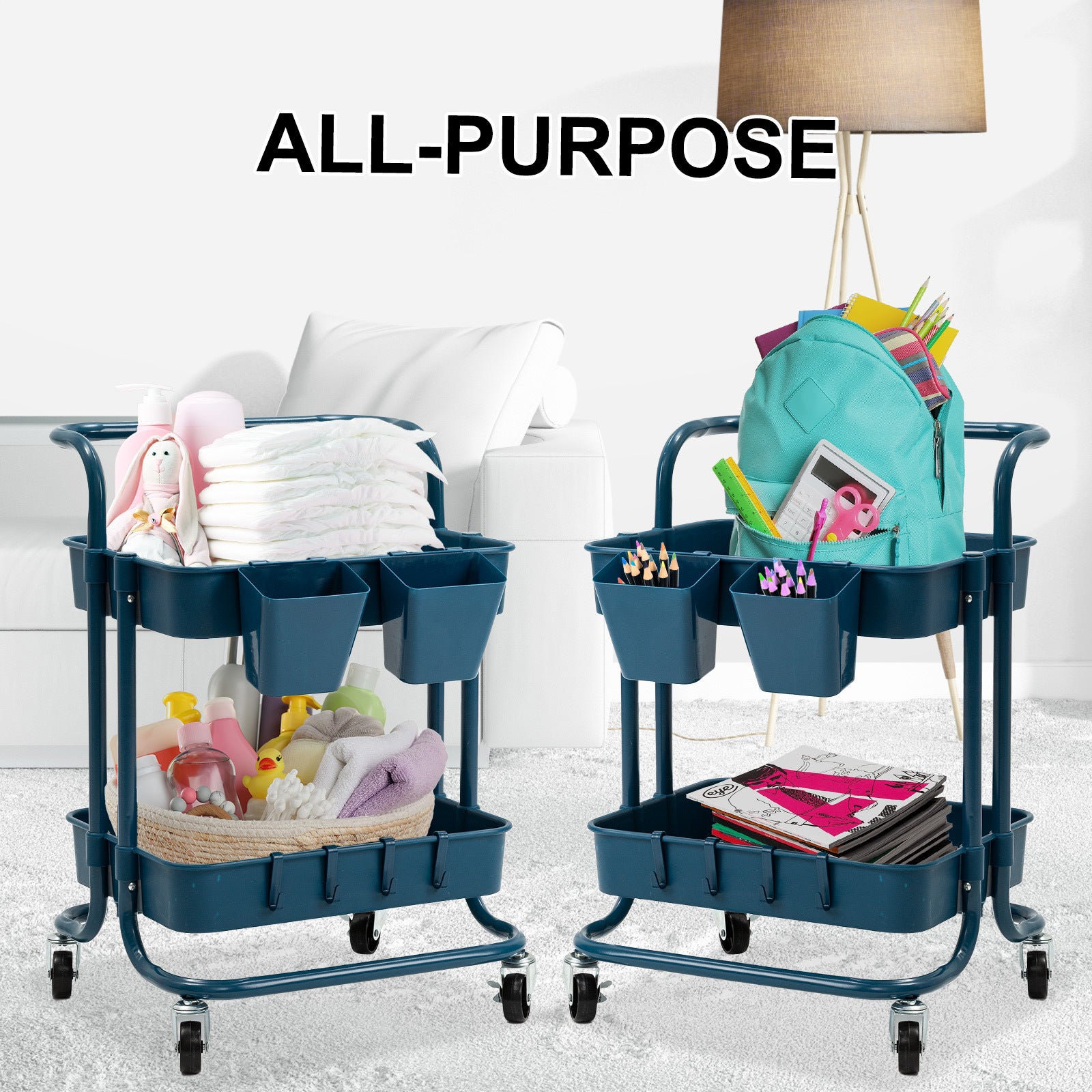 Trolley Cart Storage Utility Rack Shelf Organiser Swivel Kitchen 2 Tier BLUE 7