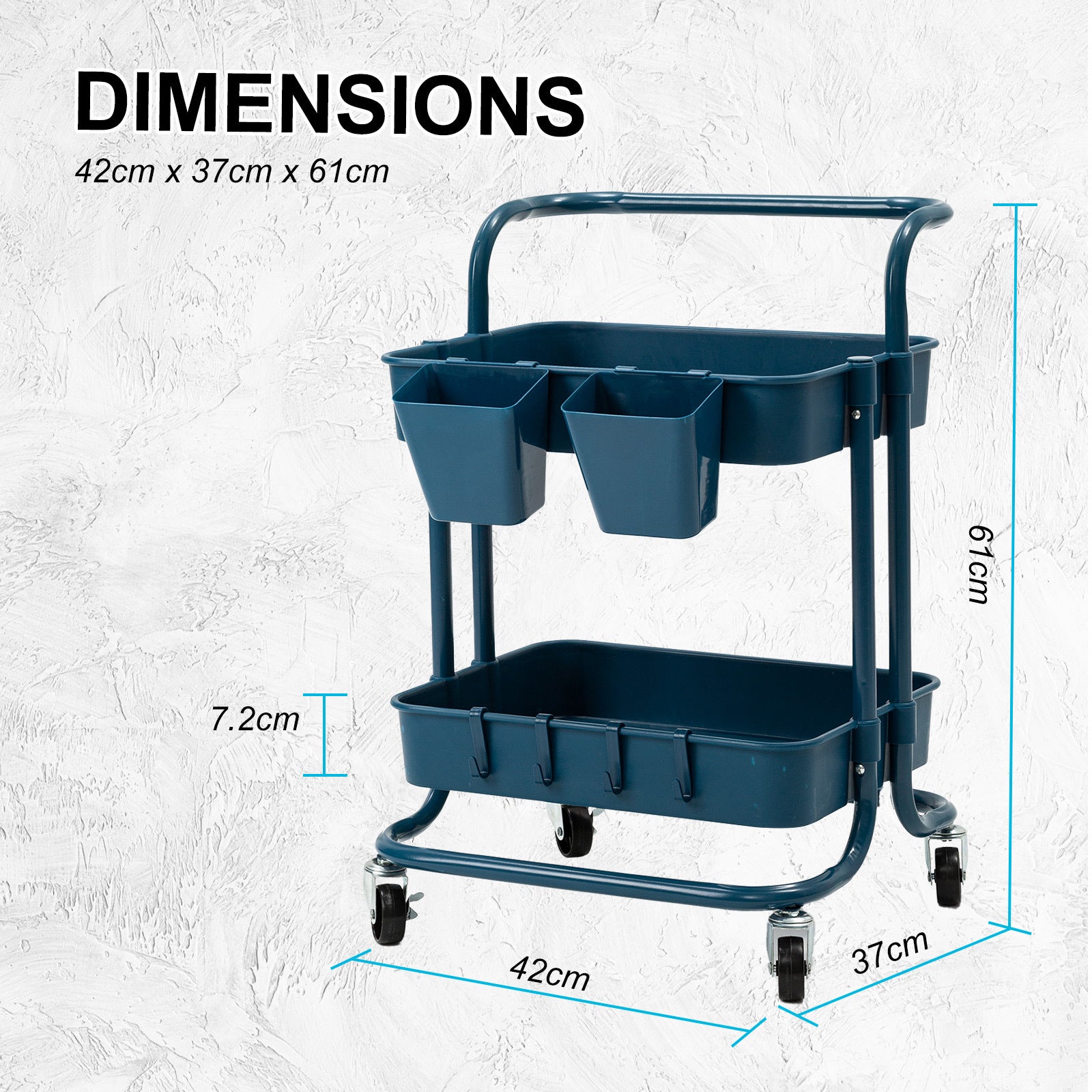 Trolley Cart Storage Utility Rack Shelf Organiser Swivel Kitchen 2 Tier BLUE 11