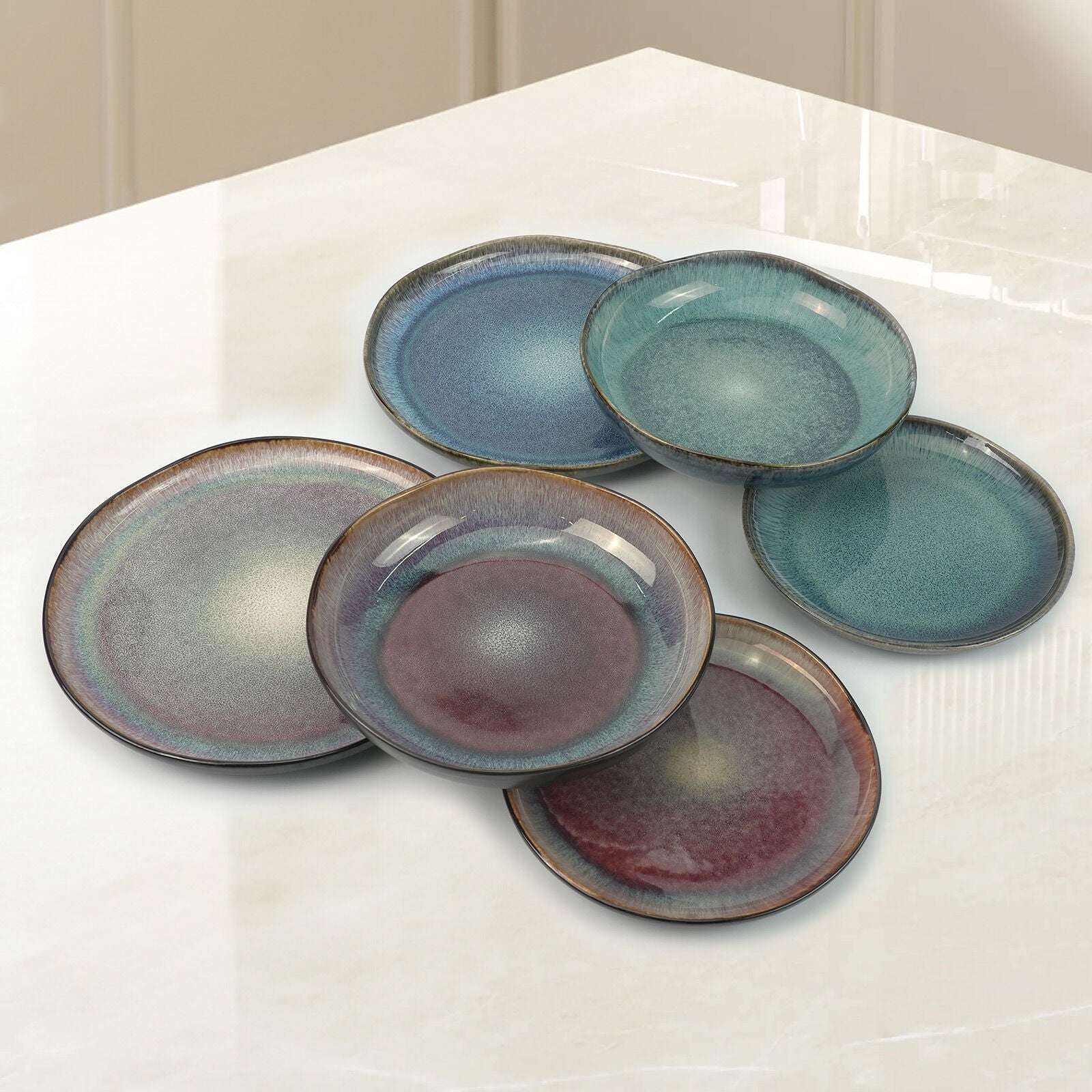 3 Pieces Reactive Glazed Ceramic Organic Fine Dinner Set with Plate and Bowl EARTHY AQUA 9