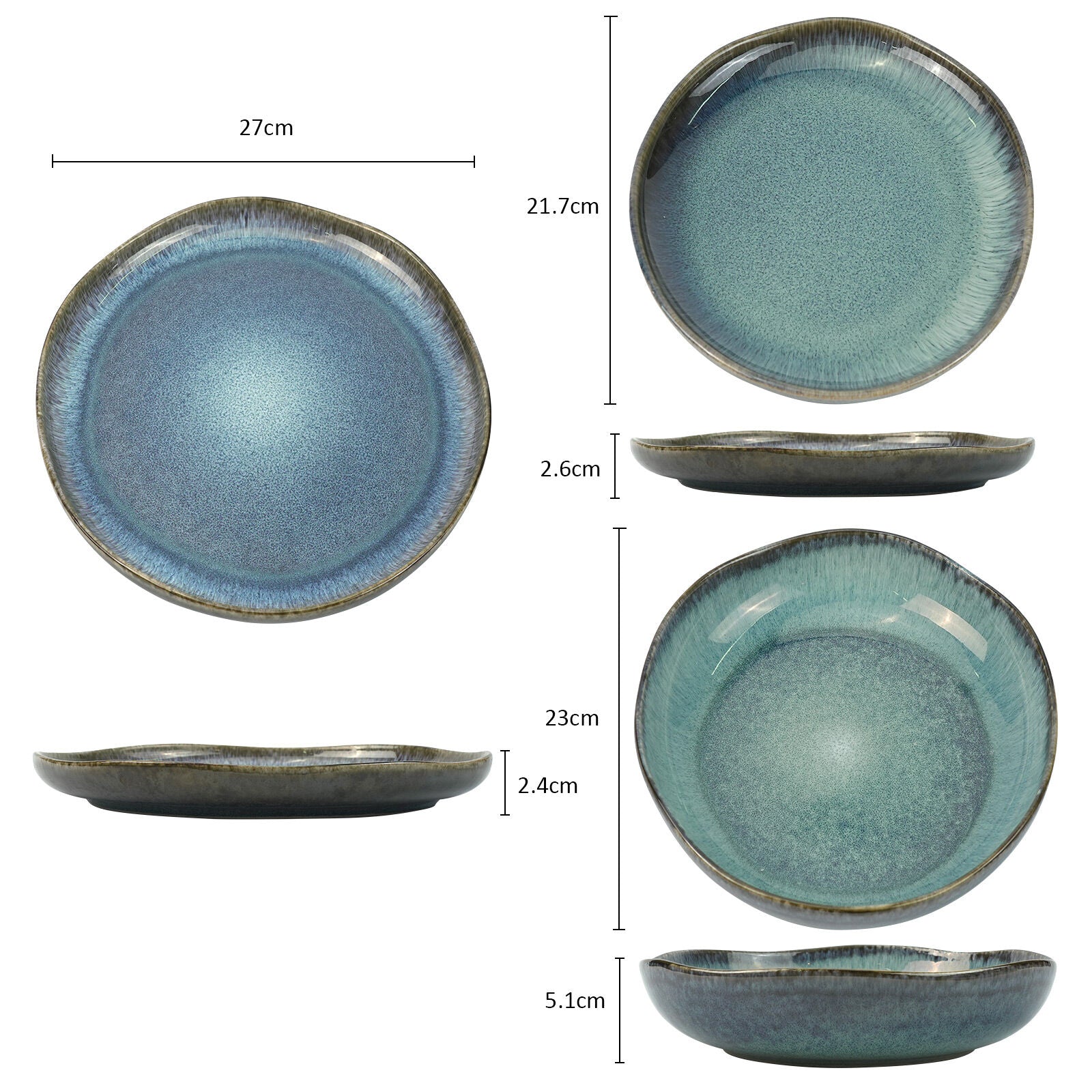 3 Pieces Reactive Glazed Ceramic Organic Fine Dinner Set with Plate and Bowl EARTHY AQUA 10