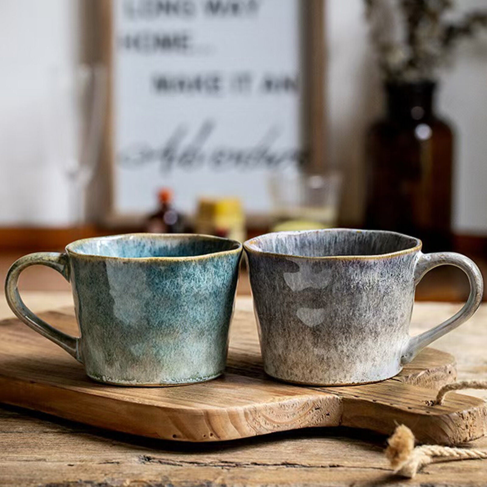 2X Reactive Glazed Ceramic Organic Coffee Mug 350ml Natural EARTHY GREY BLUE 3