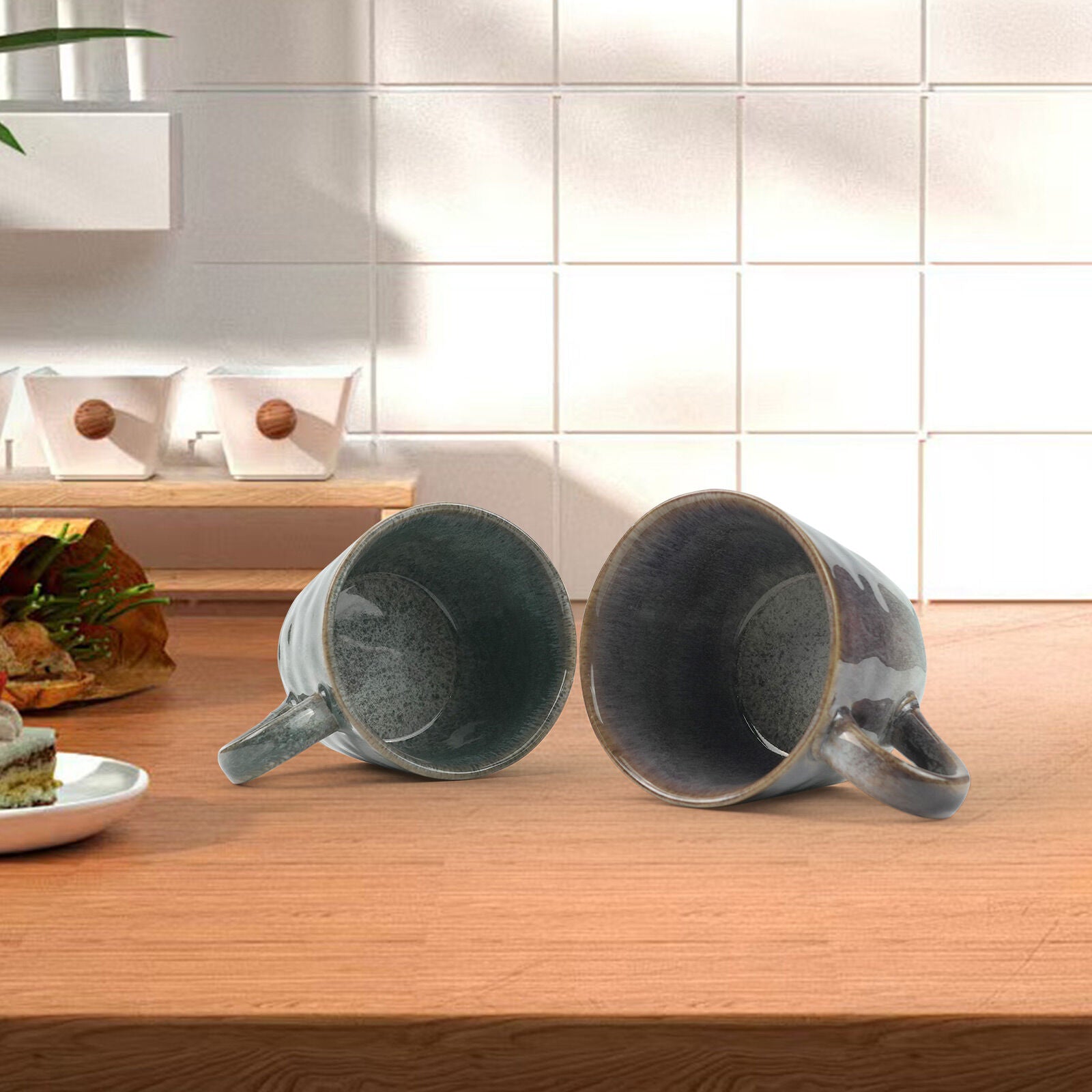 2X Reactive Glazed Ceramic Organic Coffee Mug 350ml Natural EARTHY GREY BLUE 8