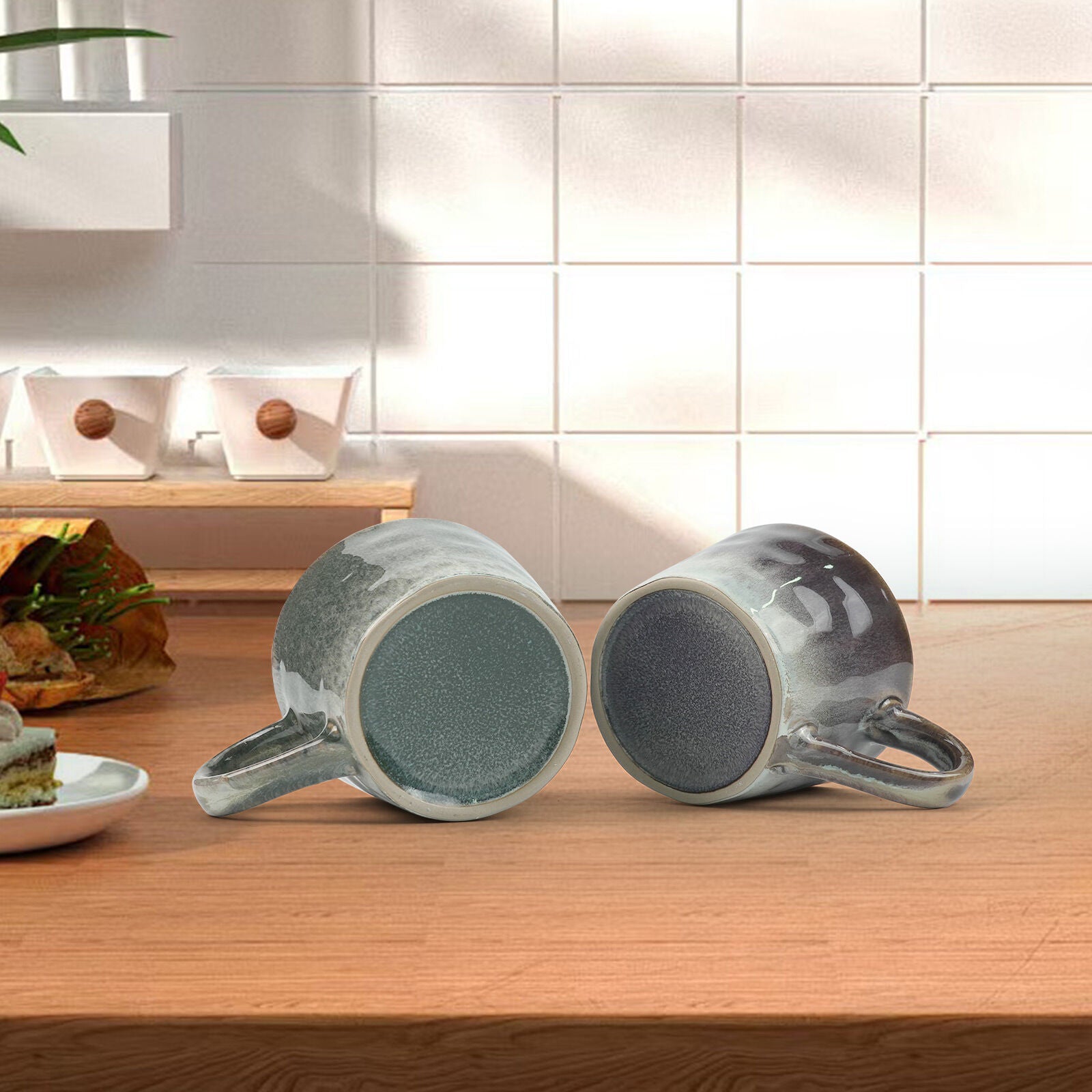 2X Reactive Glazed Ceramic Organic Coffee Mug 350ml Natural EARTHY GREY BLUE 9