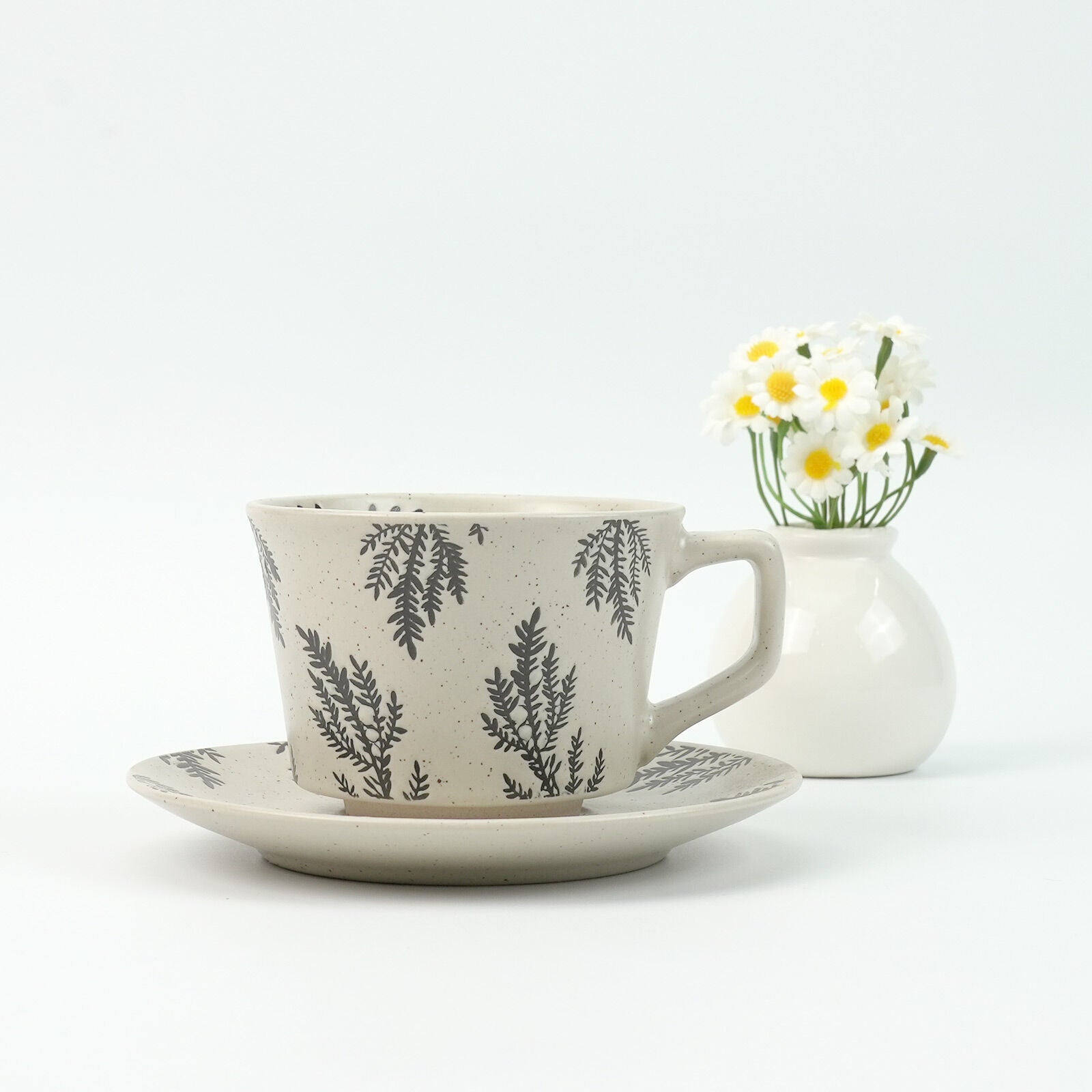 High-Fired Ceramic Stoneware Speckle Cup & Saucer Set 380ml Floral Tea Spoon EARTHY GREY 6