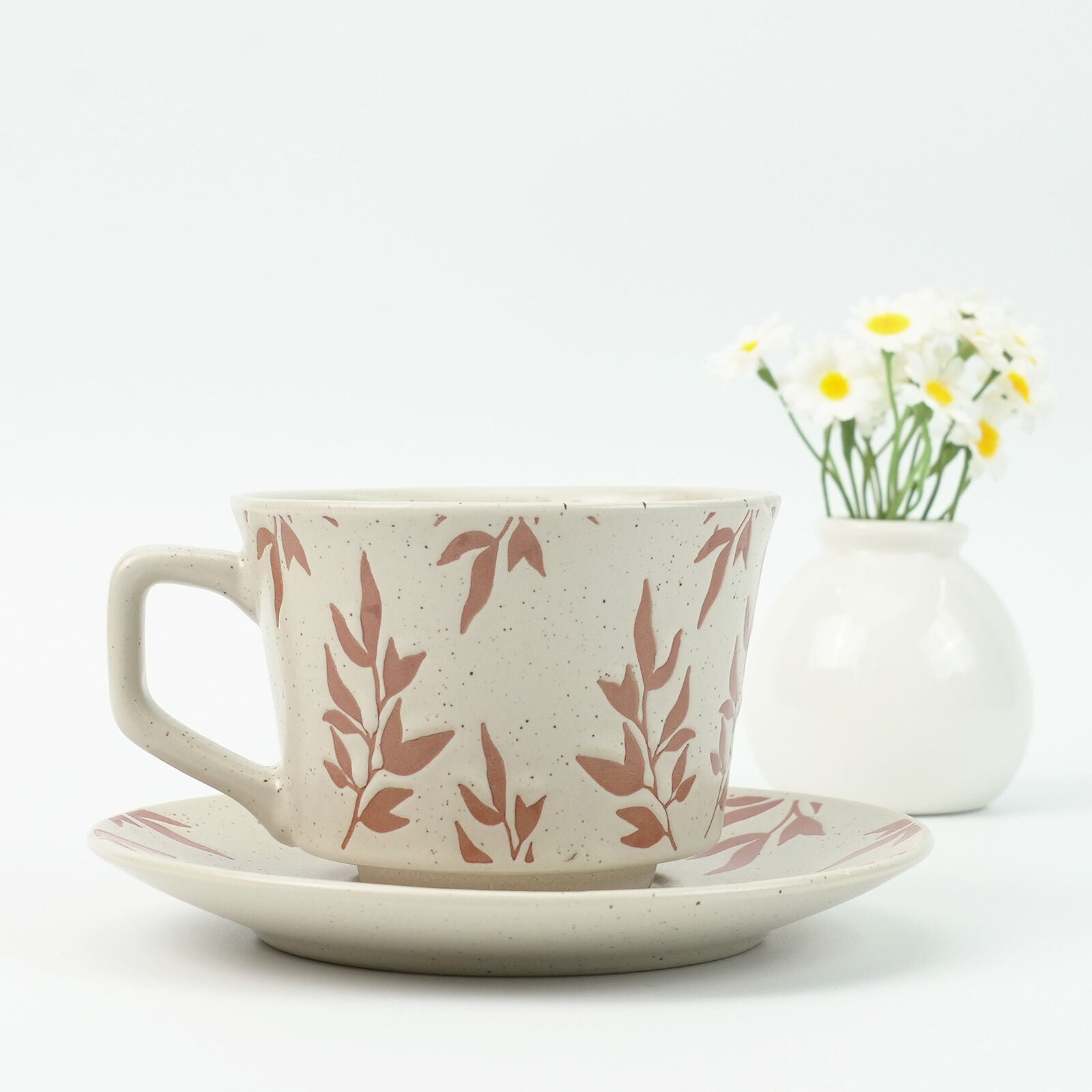 High-Fired Ceramic Stoneware Speckle Cup & Saucer Set 380ml Floral Tea Spoon EARTHY RED 6