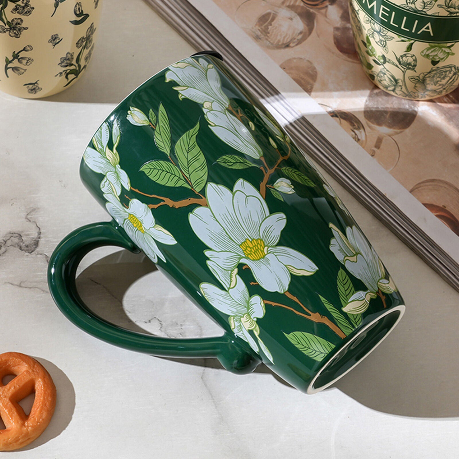 2X High-Fired Ceramic Porcelain Mug with Travel Lid 600ml Vintage Floral GREEN