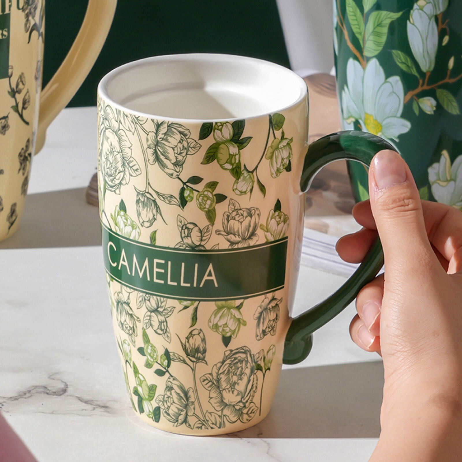 2X High-Fired Ceramic Porcelain Mug with Travel Lid 600ml Vintage Floral GREEN 3