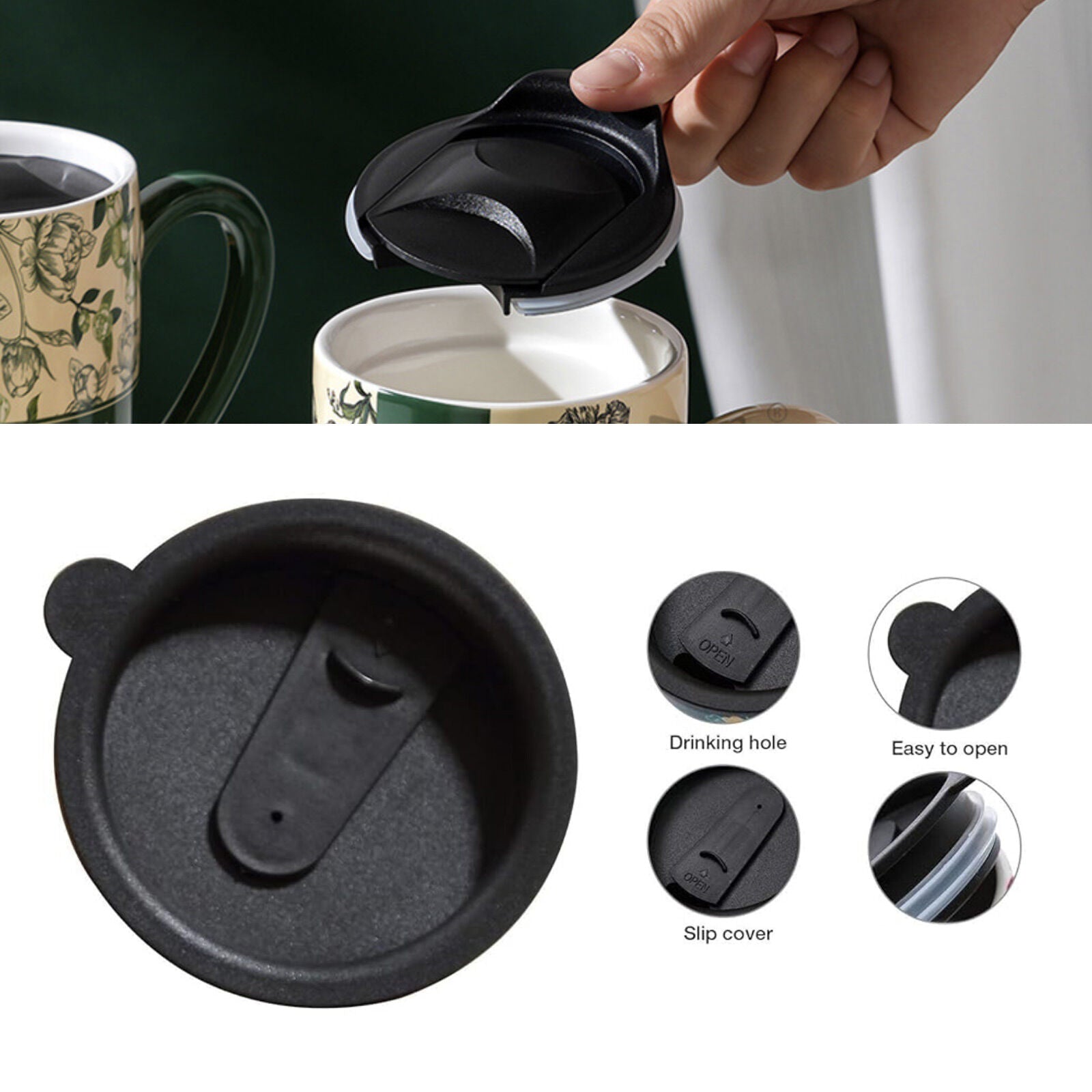 2X High-Fired Ceramic Porcelain Mug with Travel Lid 600ml Vintage Floral GREEN 4