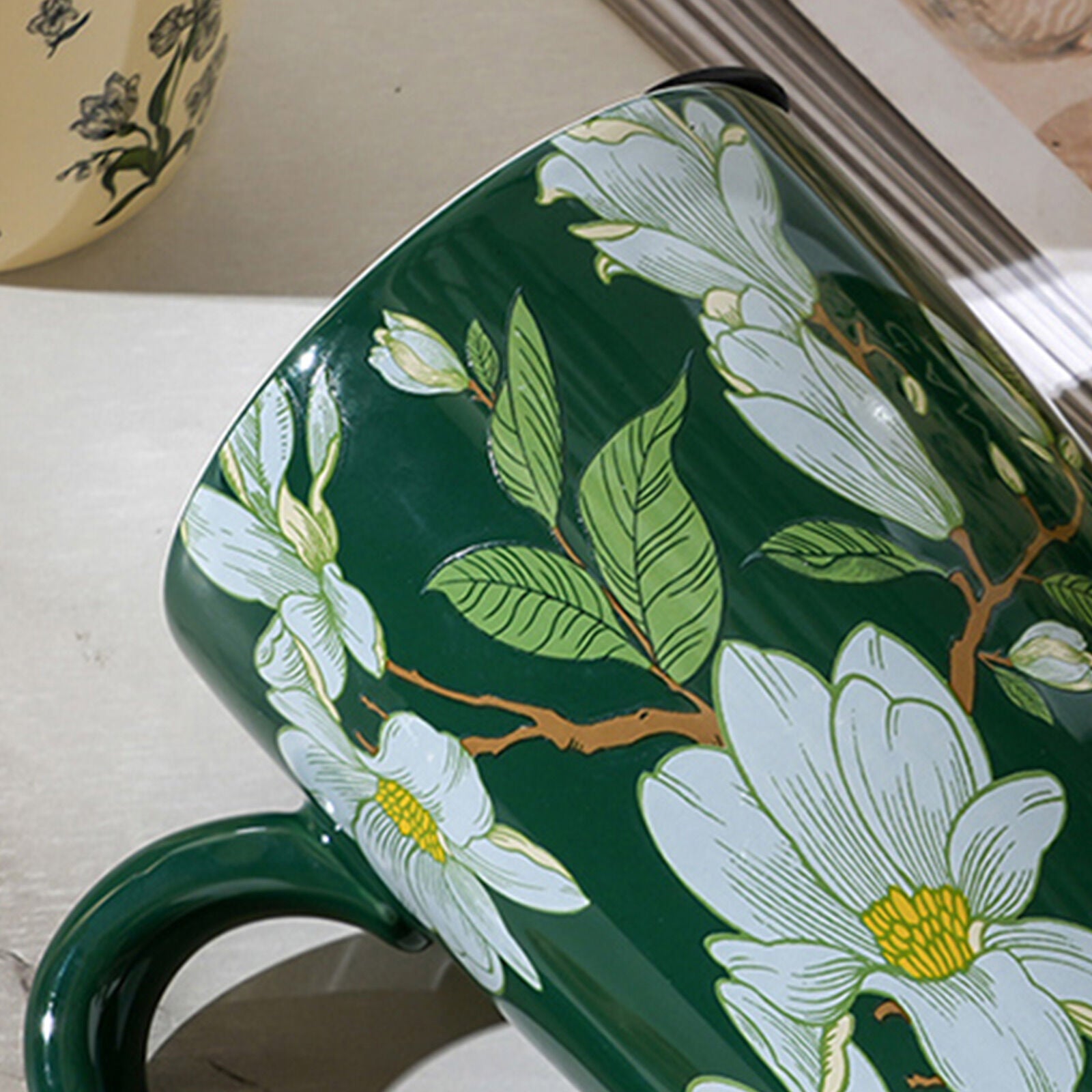 2X High-Fired Ceramic Porcelain Mug with Travel Lid 600ml Vintage Floral GREEN 5