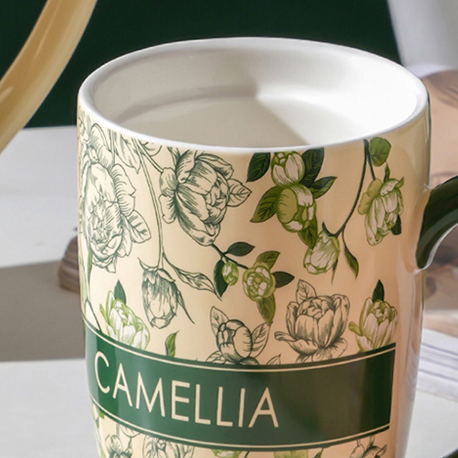 2X High-Fired Ceramic Porcelain Mug with Travel Lid 600ml Vintage Floral GREEN 6