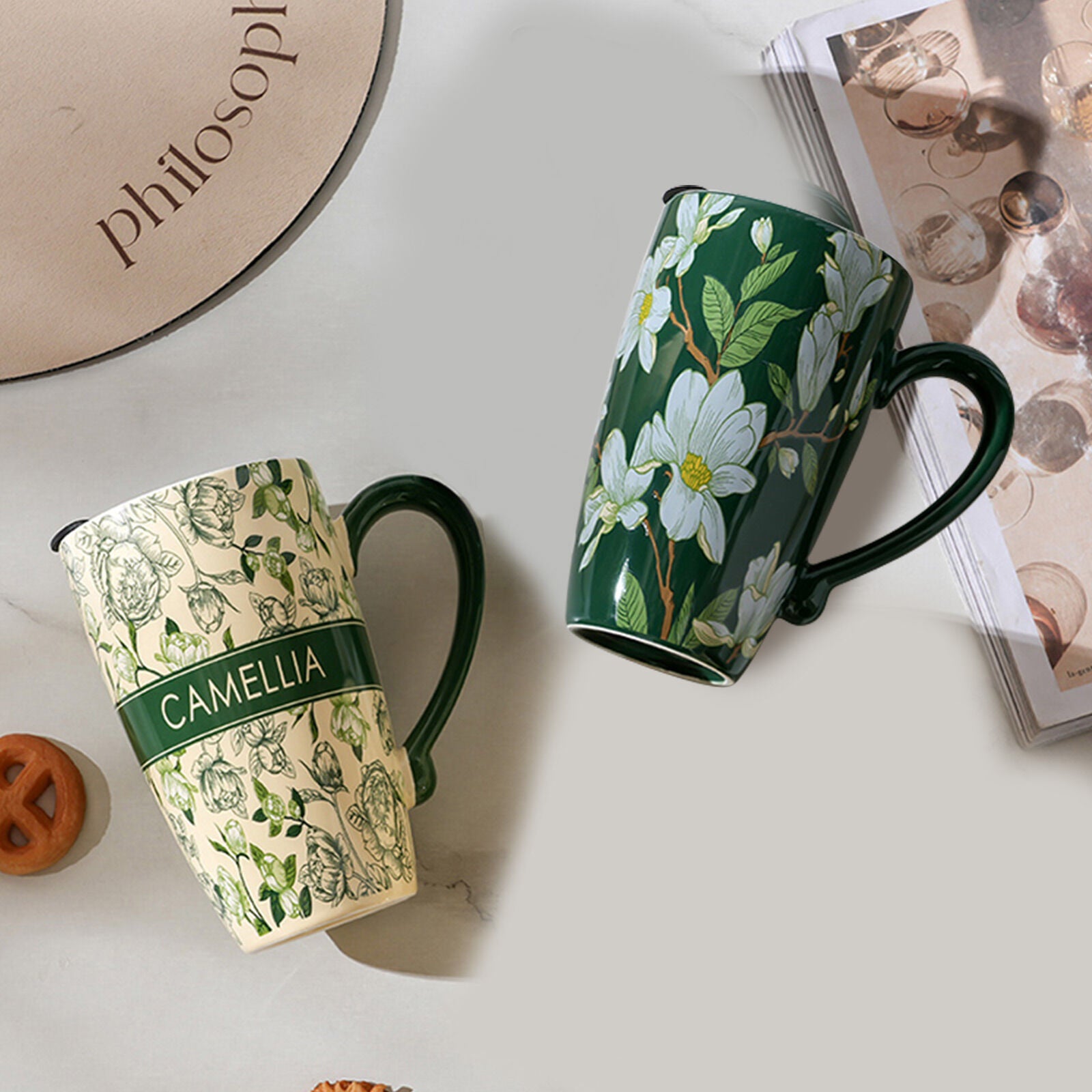 2X High-Fired Ceramic Porcelain Mug with Travel Lid 600ml Vintage Floral GREEN 7