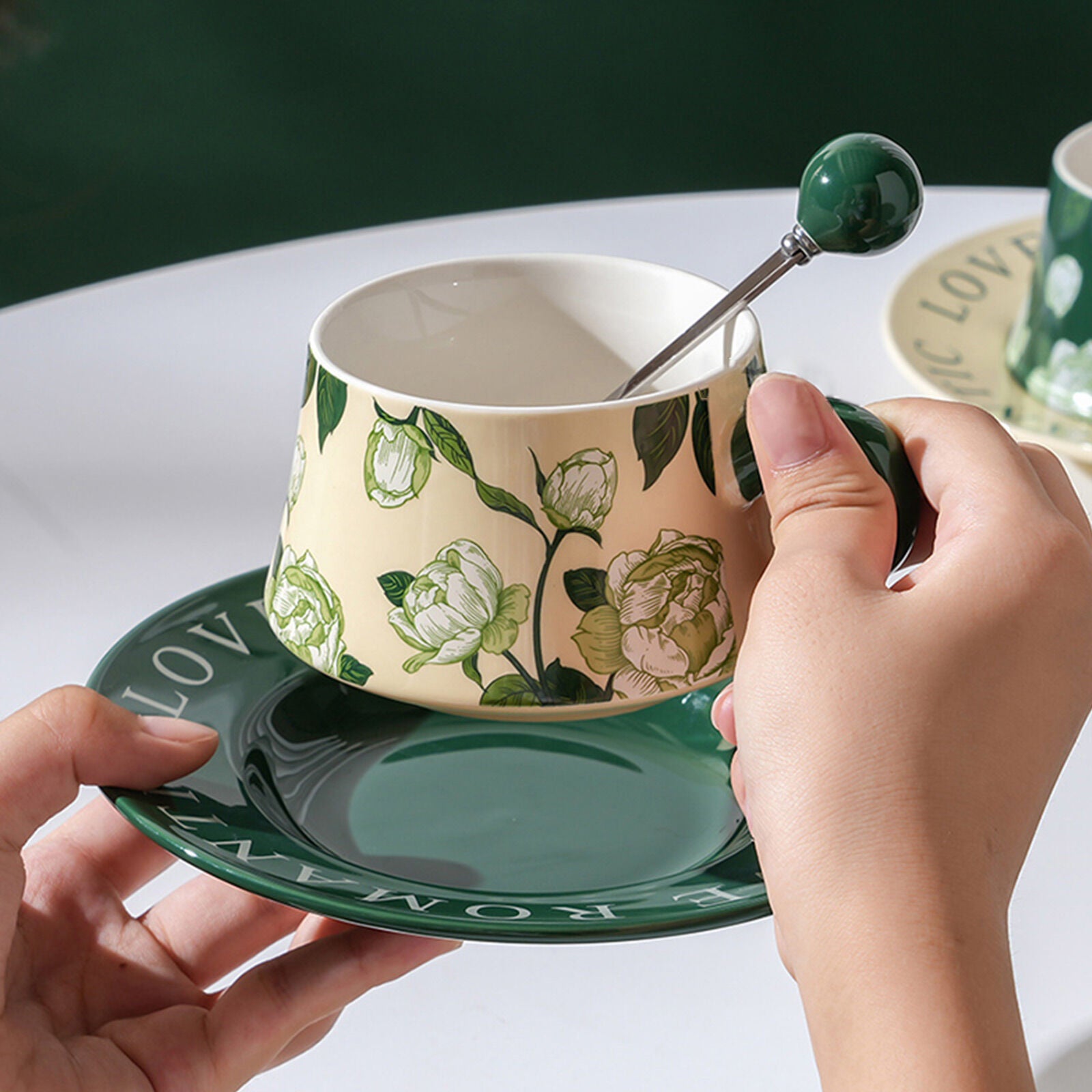 2X High-Fired Ceramic Porcelain Cup & Saucer Set 300ml Vintage Floral Tea Spoon GREEN 3