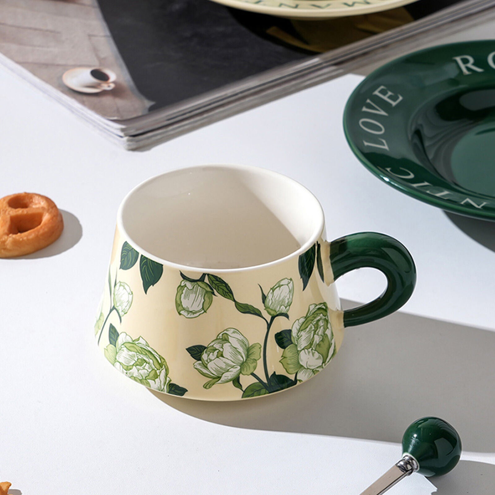 2X High-Fired Ceramic Porcelain Cup & Saucer Set 300ml Vintage Floral Tea Spoon GREEN 5