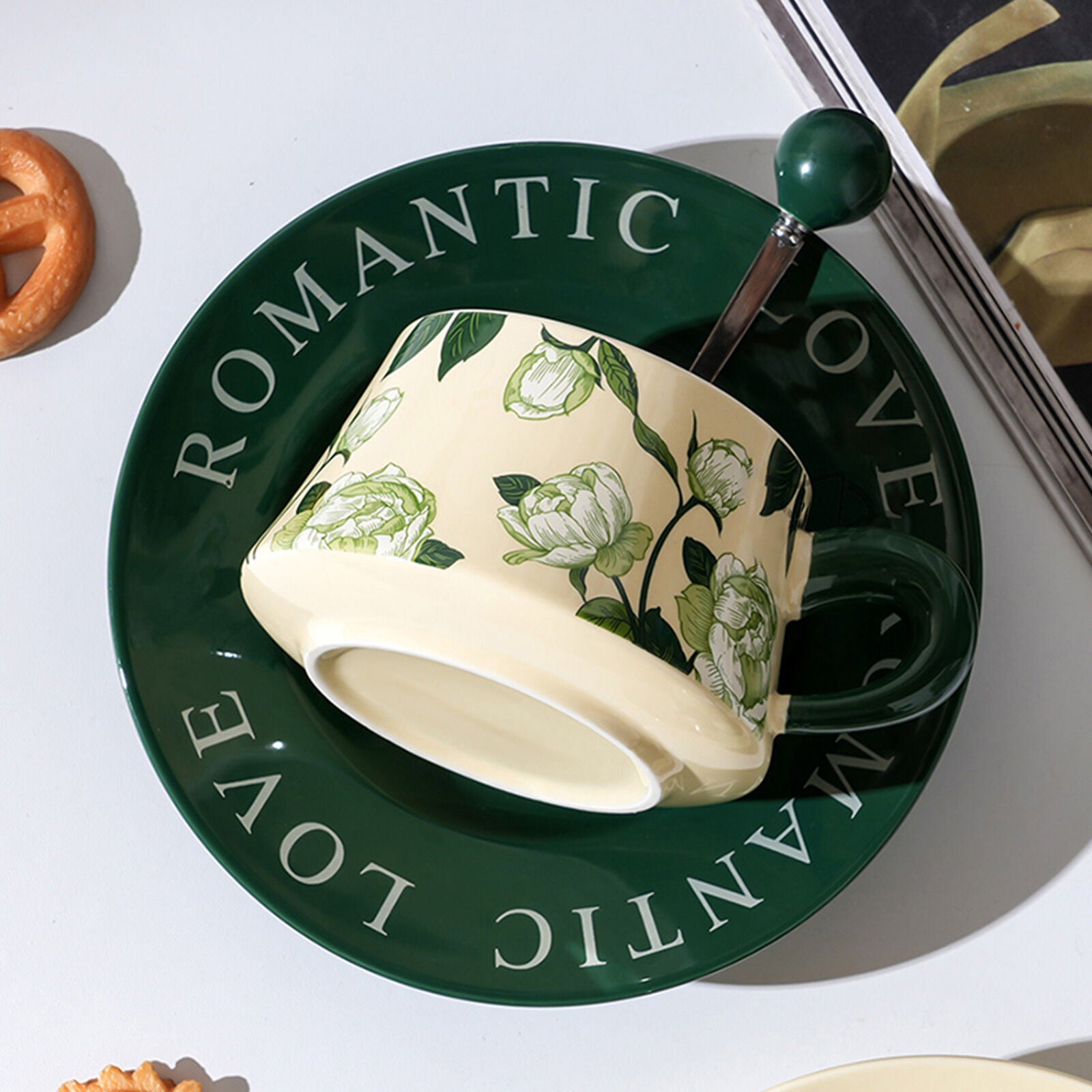 2X High-Fired Ceramic Porcelain Cup & Saucer Set 300ml Vintage Floral Tea Spoon GREEN 9