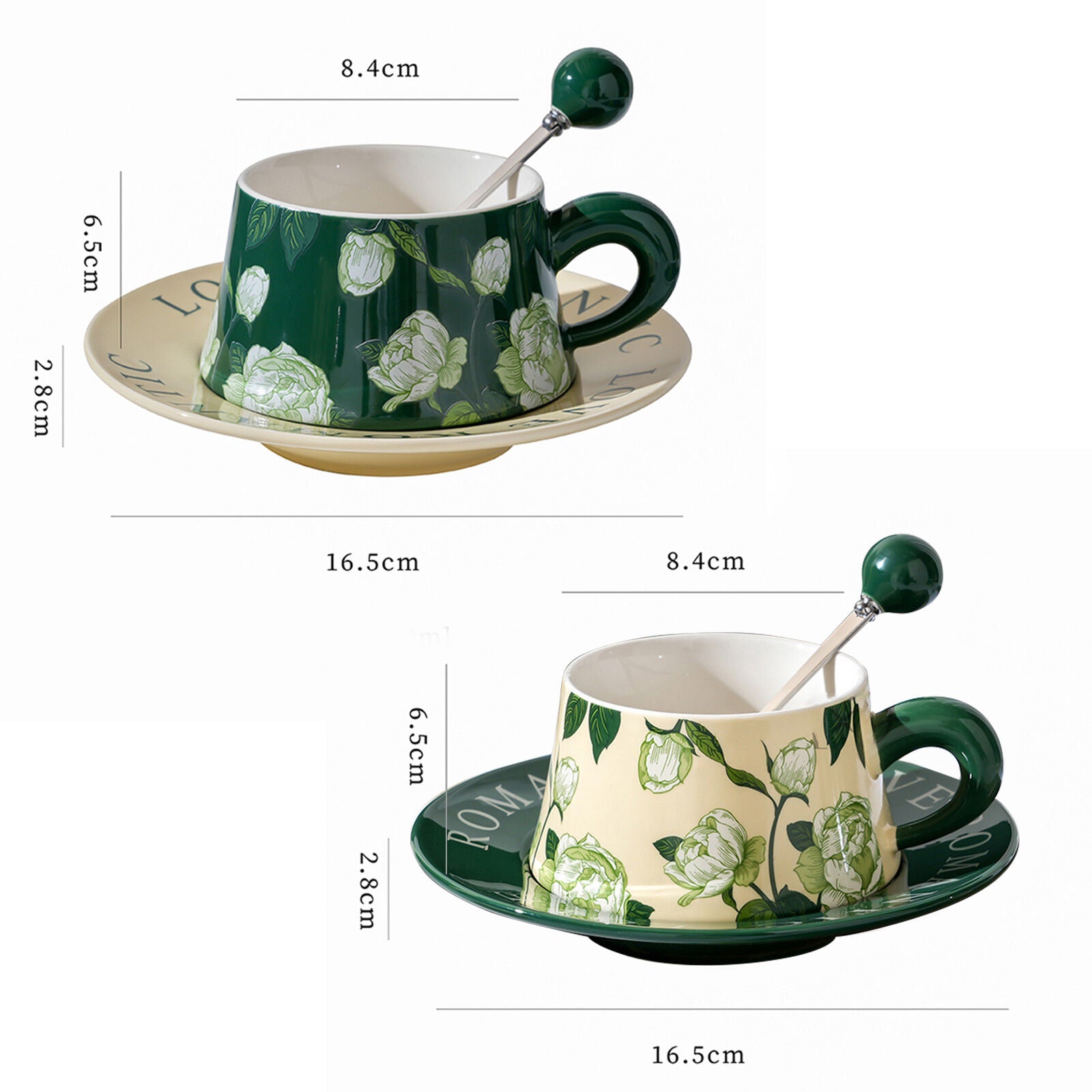 2X High-Fired Ceramic Porcelain Cup & Saucer Set 300ml Vintage Floral Tea Spoon GREEN 10