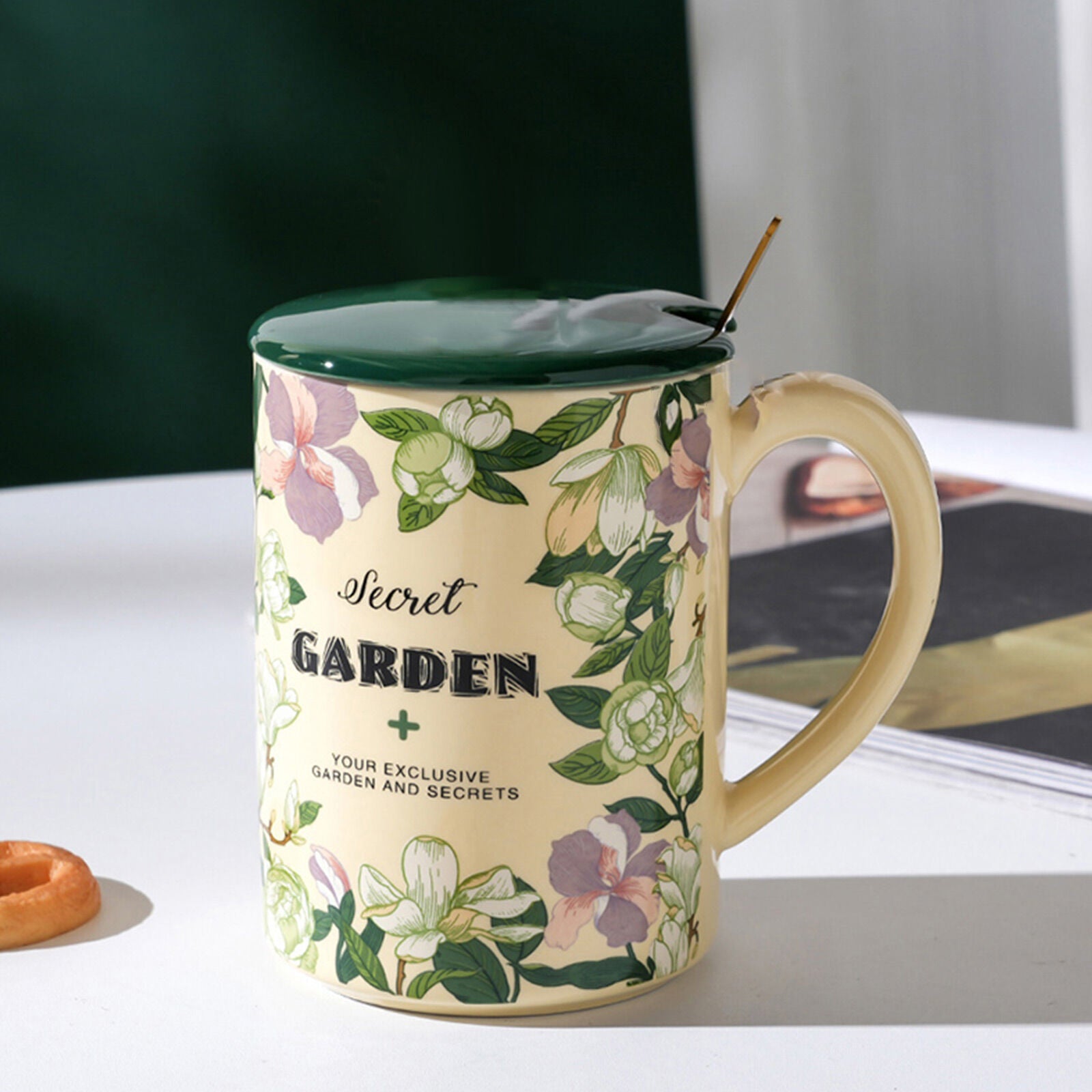 2X High-Fired Ceramic Porcelain Mug Set with Lid 400ml Vintage Floral Tea Spoon GREEN