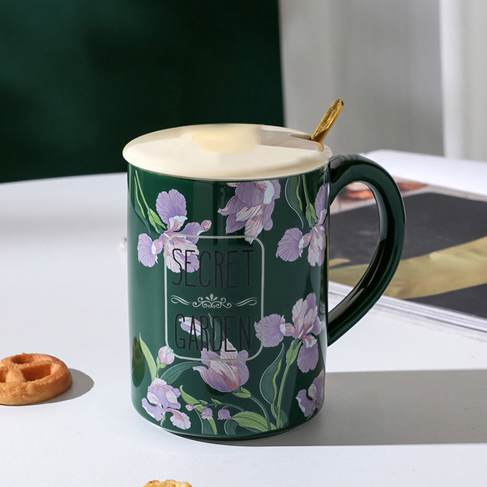 2X High-Fired Ceramic Porcelain Mug Set with Lid 400ml Vintage Floral Tea Spoon GREEN 3