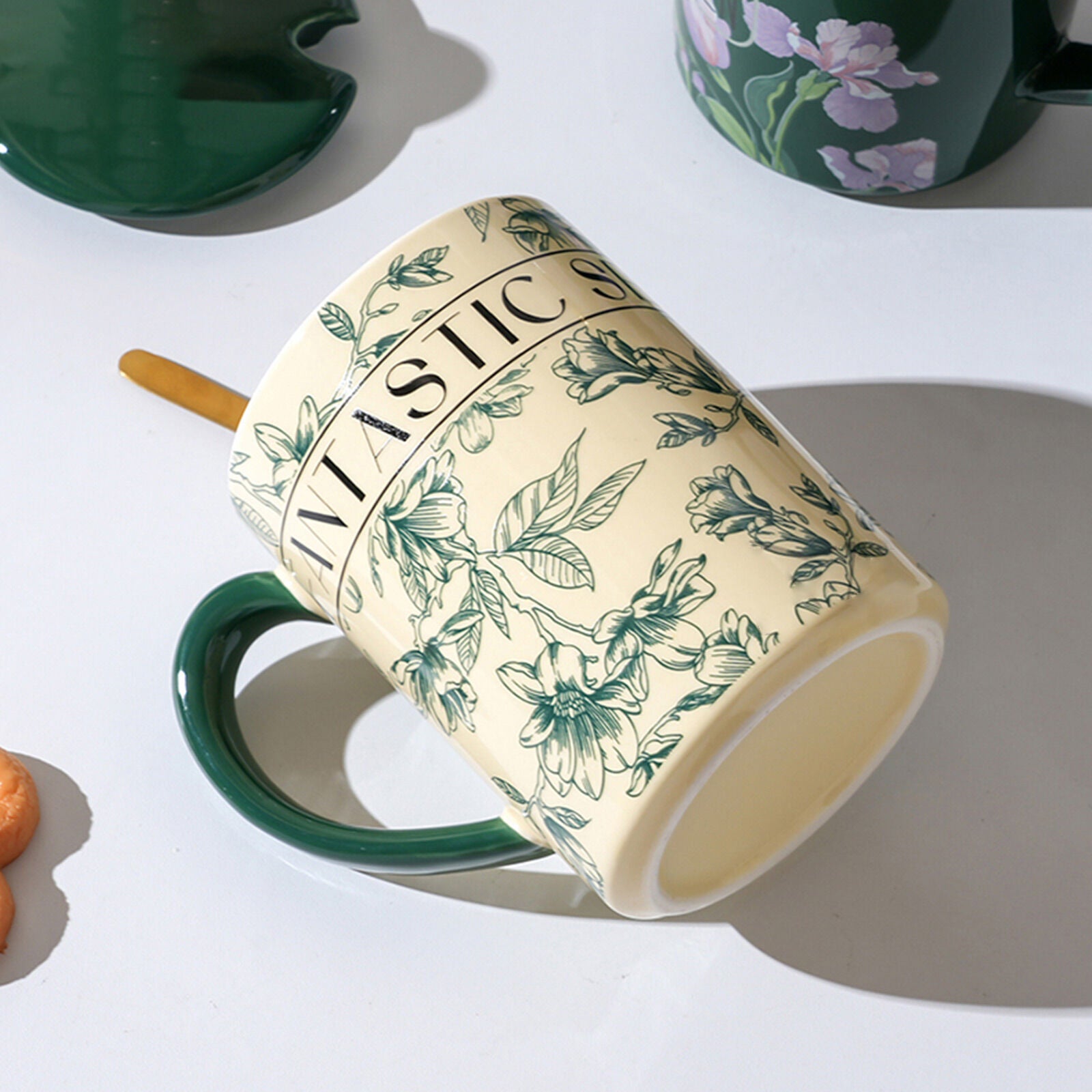 2X High-Fired Ceramic Porcelain Mug Set with Lid 400ml Vintage Floral Tea Spoon GREEN 5
