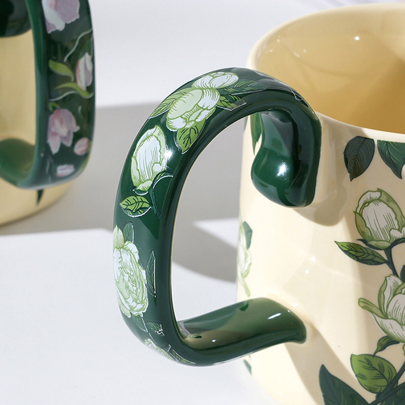 2X High-Fired Ceramic Porcelain Mug Set with Lid 400ml Vintage Floral Tea Spoon GREEN 4