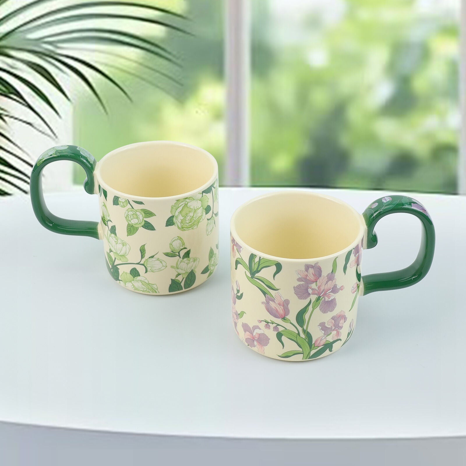 2X High-Fired Ceramic Porcelain Mug Set with Lid 400ml Vintage Floral Tea Spoon GREEN 7