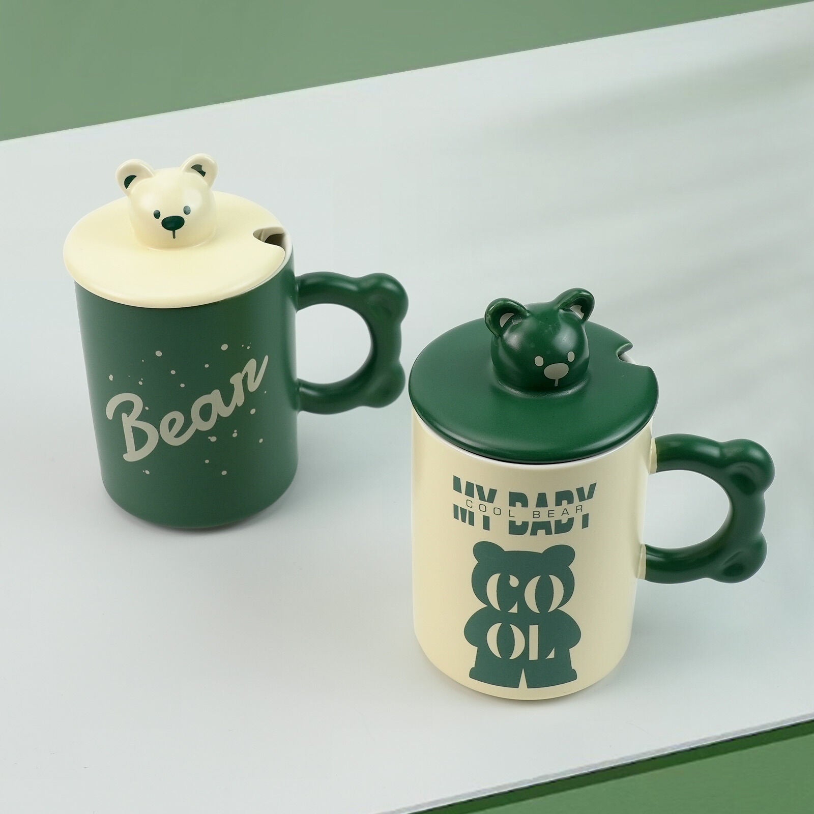 2X High-Fired Ceramic Porcelain Mug Set with Lid 400ml Bear w Tea Spoon GREEN 6