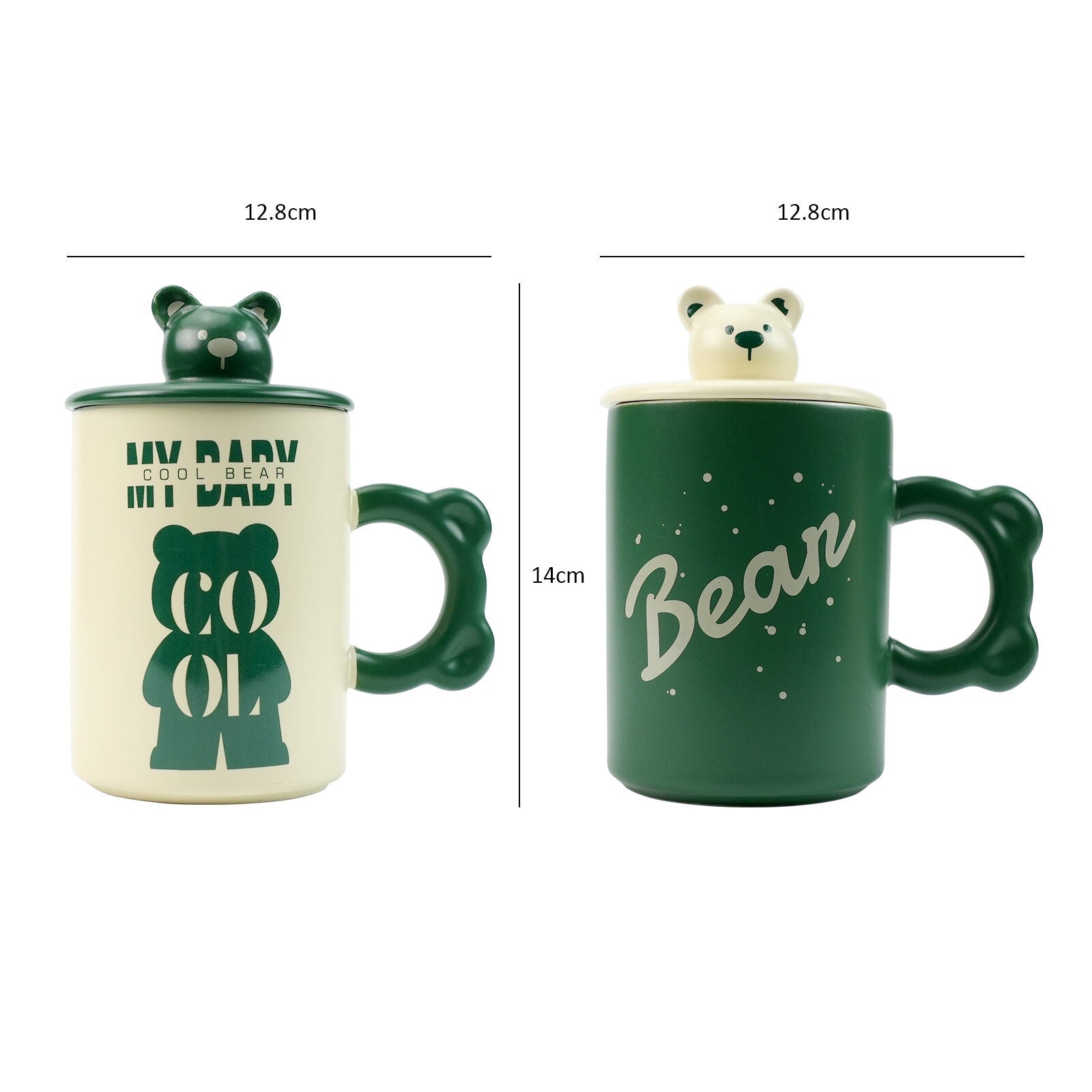 2X High-Fired Ceramic Porcelain Mug Set with Lid 400ml Bear w Tea Spoon GREEN 10