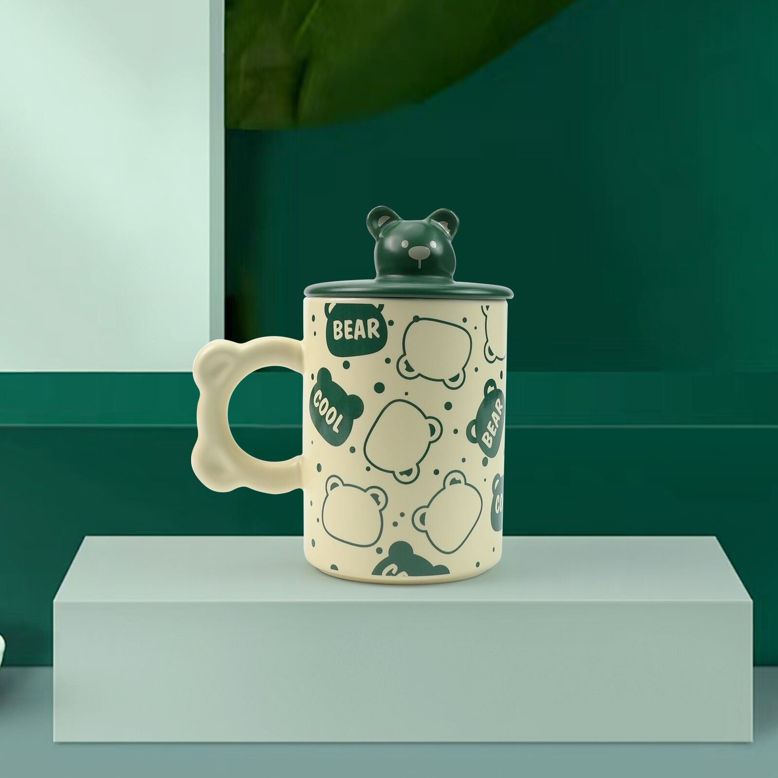 2X High-Fired Ceramic Porcelain Mug Set with Lid 400ml Bear w Tea Spoon GREEN 3