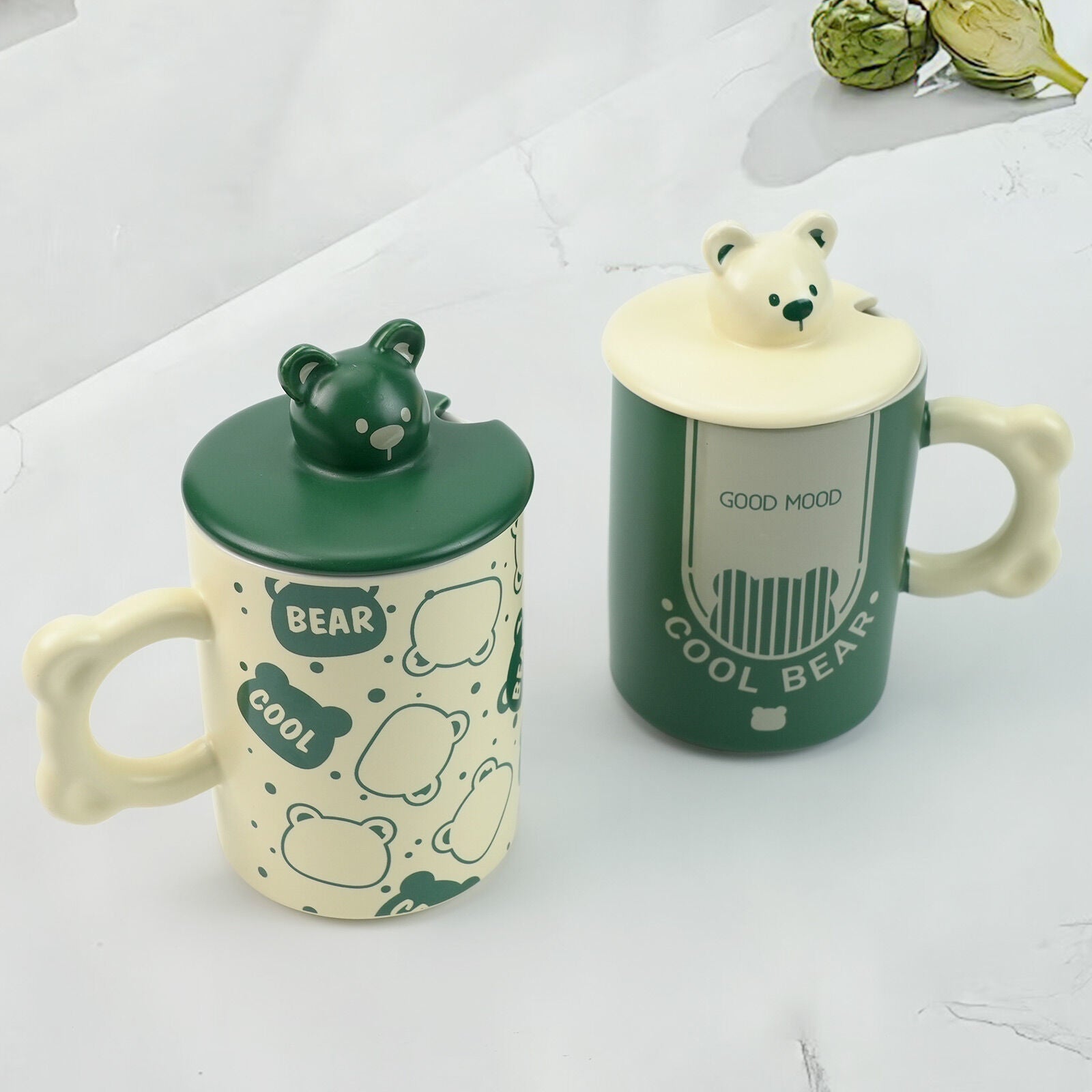 2X High-Fired Ceramic Porcelain Mug Set with Lid 400ml Bear w Tea Spoon GREEN 4
