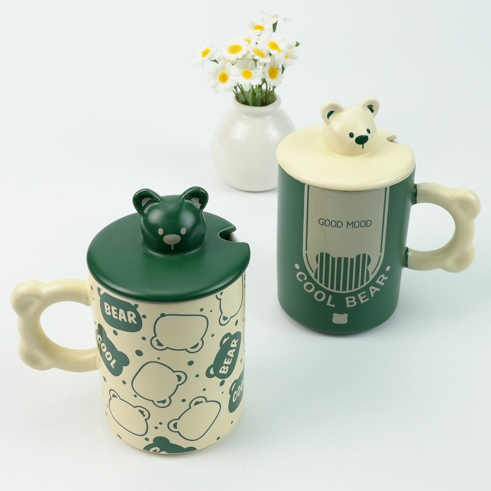 2X High-Fired Ceramic Porcelain Mug Set with Lid 400ml Bear w Tea Spoon GREEN 7