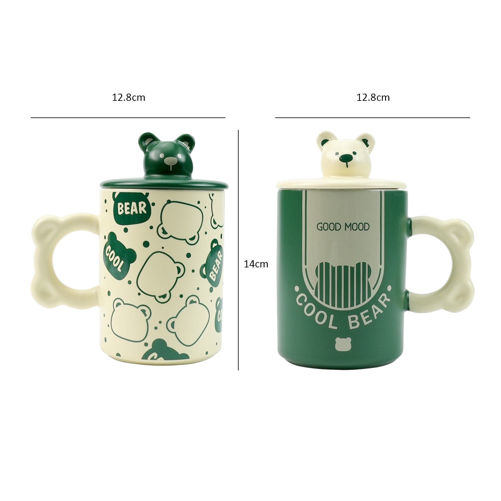 2X High-Fired Ceramic Porcelain Mug Set with Lid 400ml Bear w Tea Spoon GREEN 10