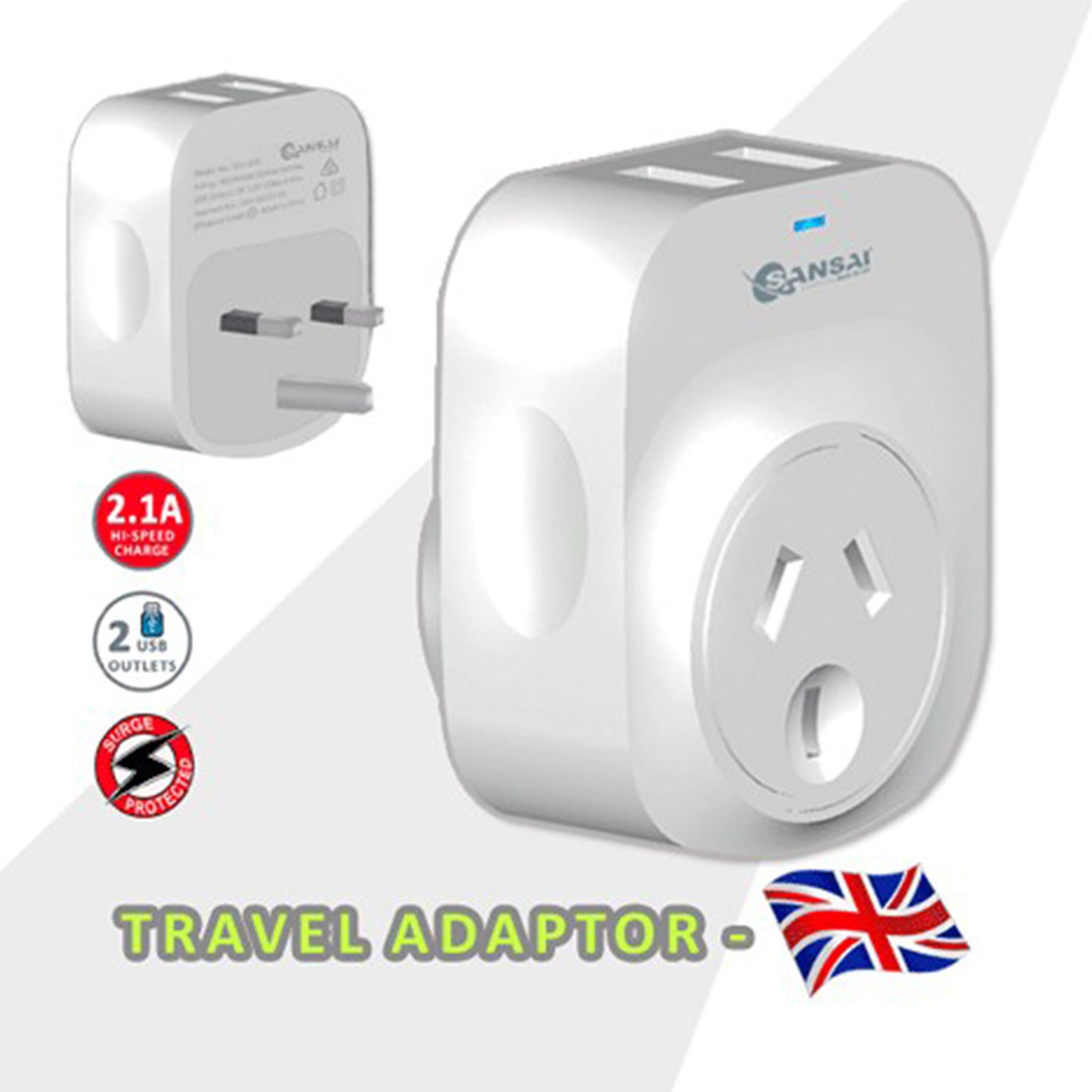 2X Sansai Travel Adaptor 2 X USB - UK 4