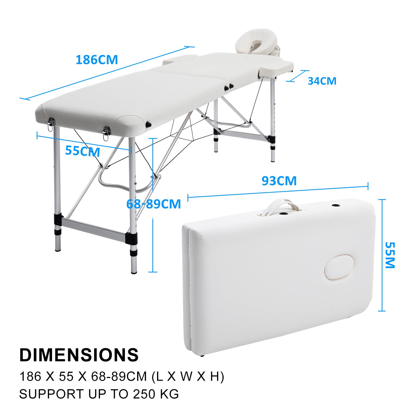 Aluminium Portable Beauty Massage Table Bed 2 Fold 55cm White 12