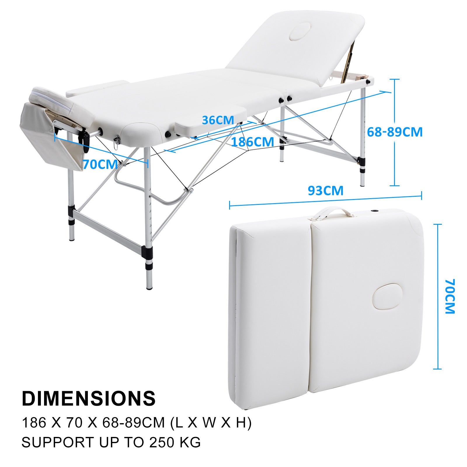 Aluminium Portable Beauty Massage Table Bed 3 Fold 70cm White 12