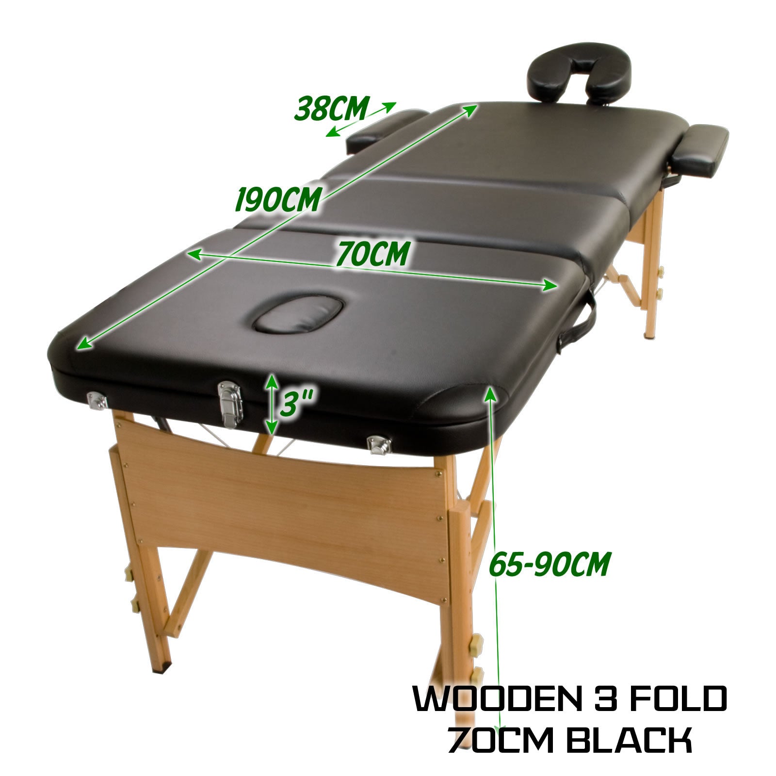 Wooden Portable Massage Table Bed 3 Fold 70cm BLACK 12
