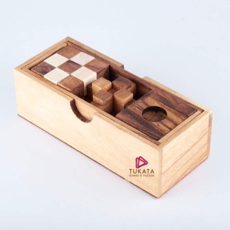 3 individual brainteaser wooden puzzles in a gift wooden box 1