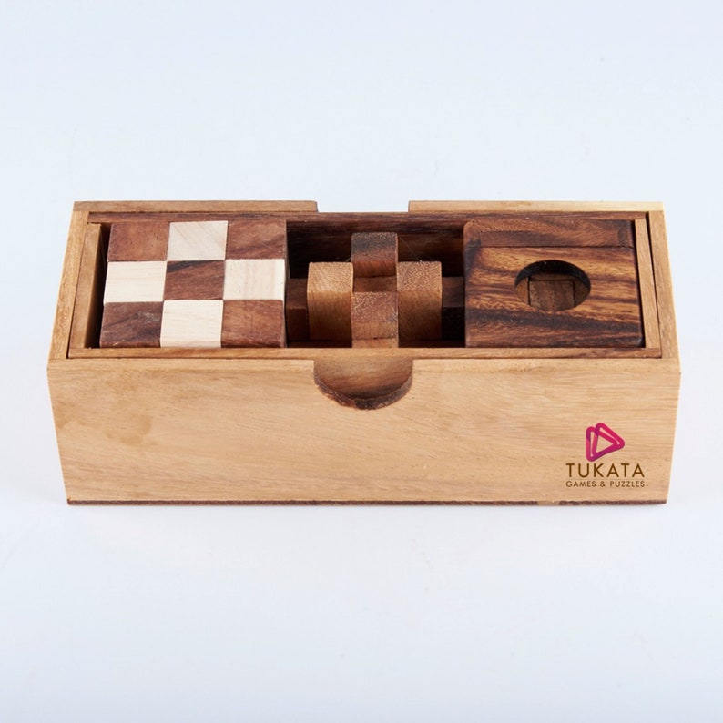 3 individual brainteaser wooden puzzles in a gift wooden box 2