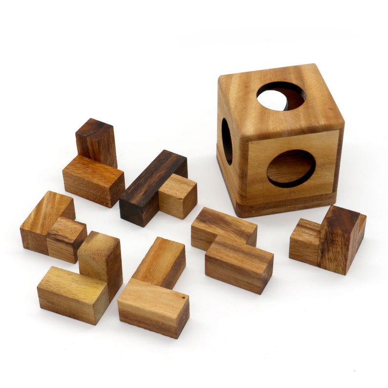 3 individual brainteaser wooden puzzles in a gift wooden box 4