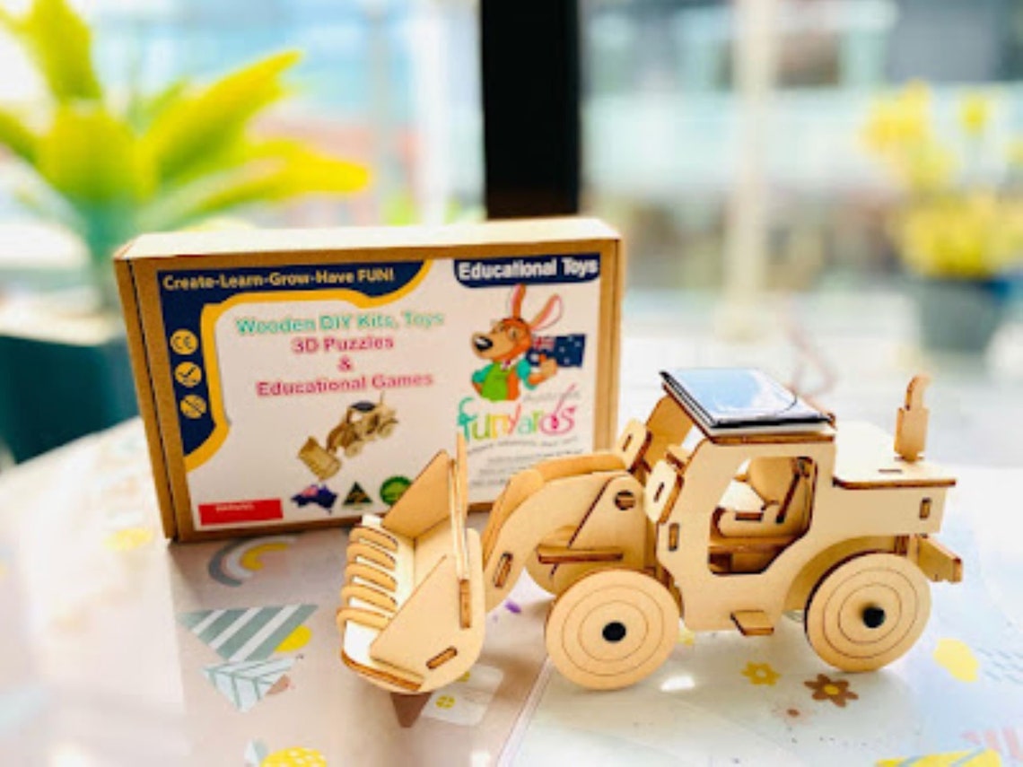Model Bulldozer Tipper truck: Solar or battery powered plywood model-includes Motor or Solar powered options plus paint brush set 4