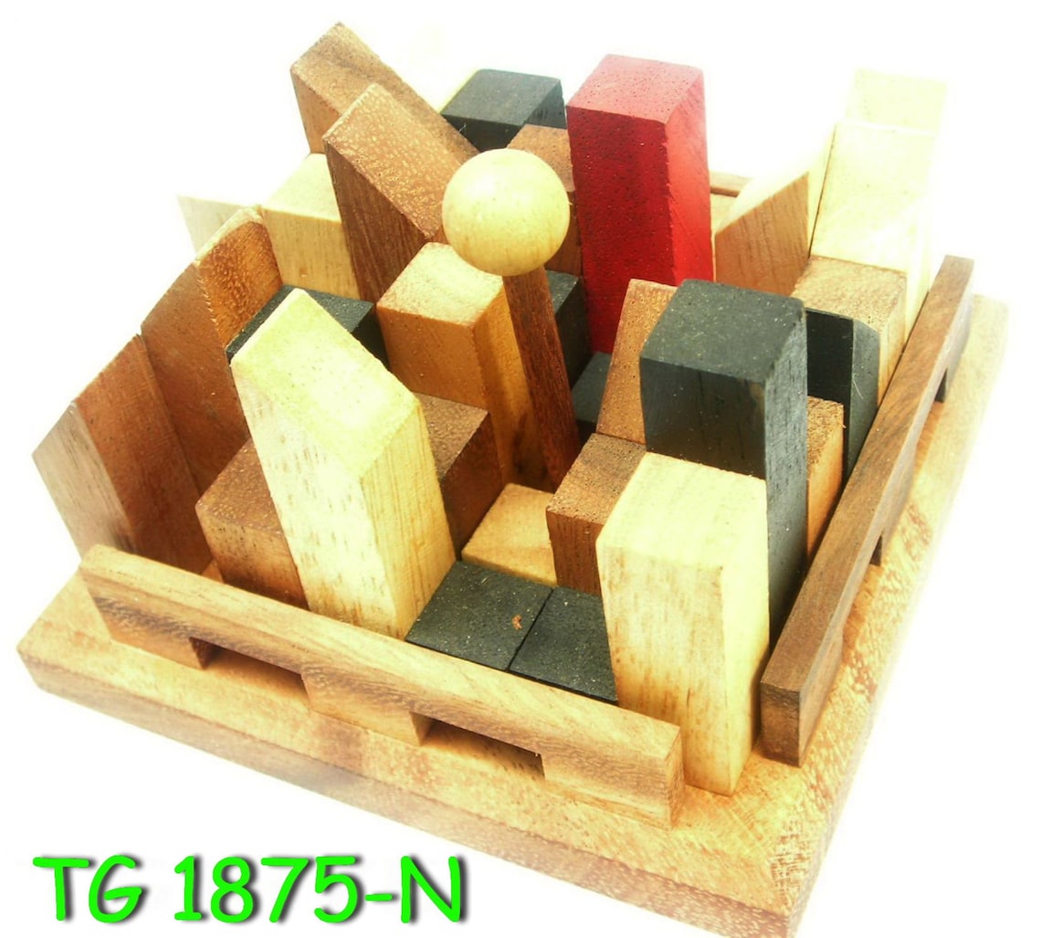 City Planner brain teaser puzzle, wood, handmade 3D puzzle-remove shapes and try rebuild your city 3