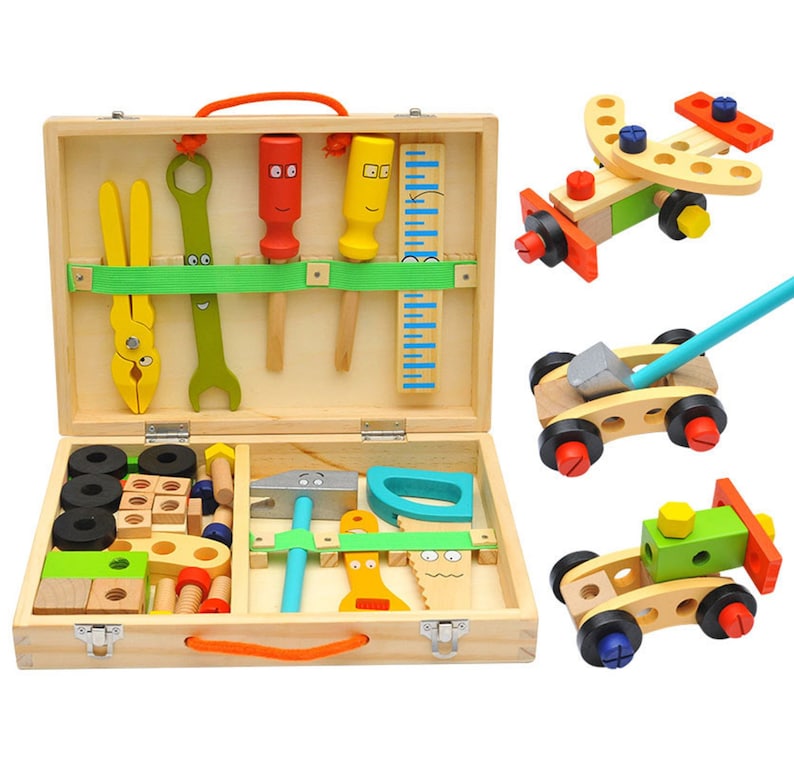 Children's pretend play build fix wood Toolbox Toy, Carpenter Traddie Set For toddlers and kids 4