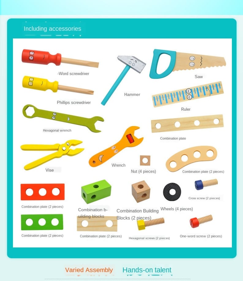 Children's pretend play build fix wood Toolbox Toy, Carpenter Traddie Set For toddlers and kids 6