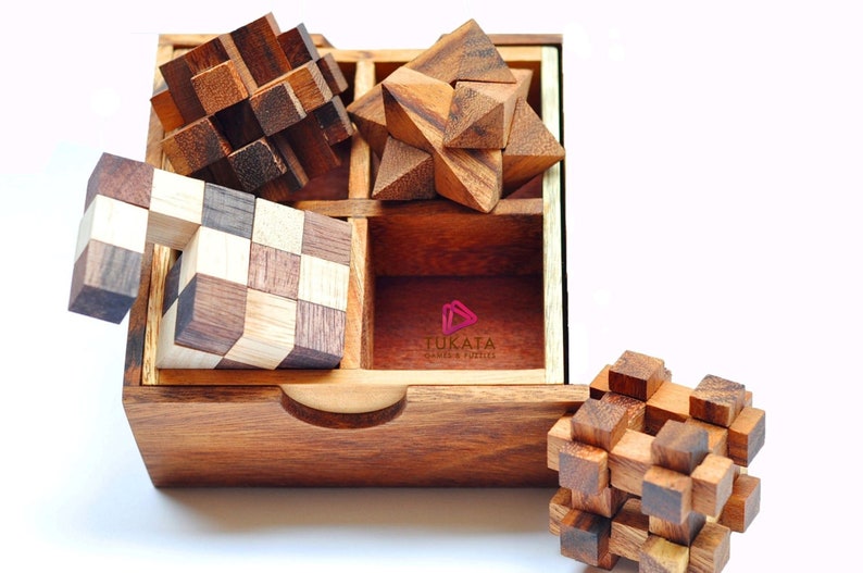 4 individual brainteaser wooden puzzles in a gift wooden box 1