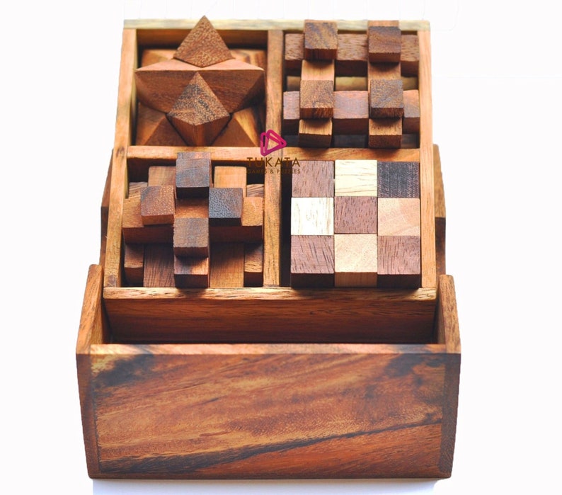 4 individual brainteaser wooden puzzles in a gift wooden box 2