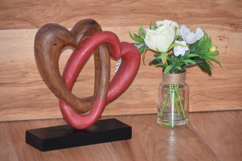Heart Love Wood Carving Wood Sculpture Acacia Wooden Statue Heart in red 22cm 3