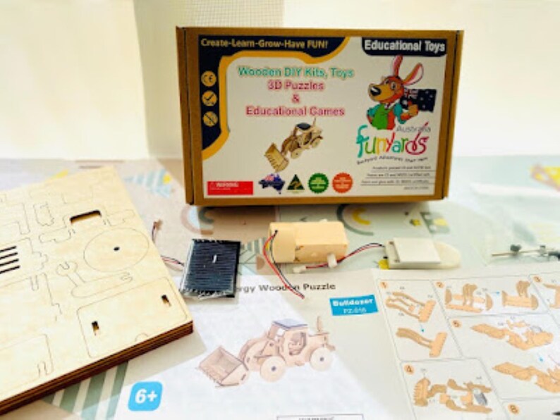 Model Bulldozer Tipper truck: Solar or battery powered plywood model-includes Motor or Solar powered options plus paint brush set 4