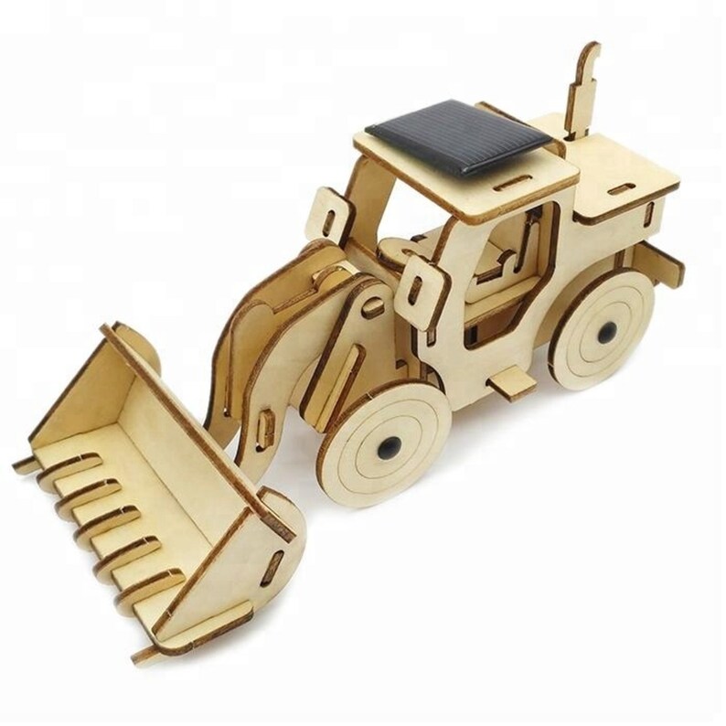 Model Bulldozer Tipper truck: Solar or battery powered plywood model-includes Motor or Solar powered options plus paint brush set 5