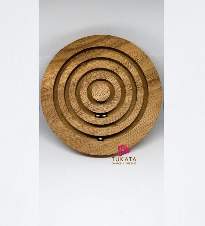 Marble run brain teaser puzzle, wood, handmade 3D puzzle-get all 3 marbles together 4