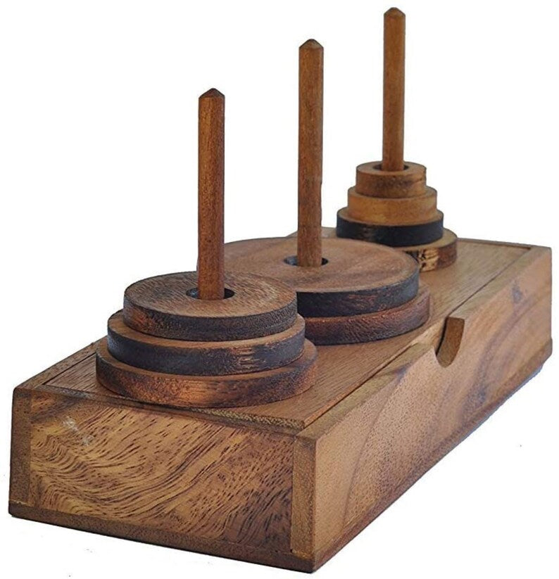 Pagoda 9 ring brain teaser puzzle, wood, handmade 3D puzzle-arrange rings on end column to solve 3