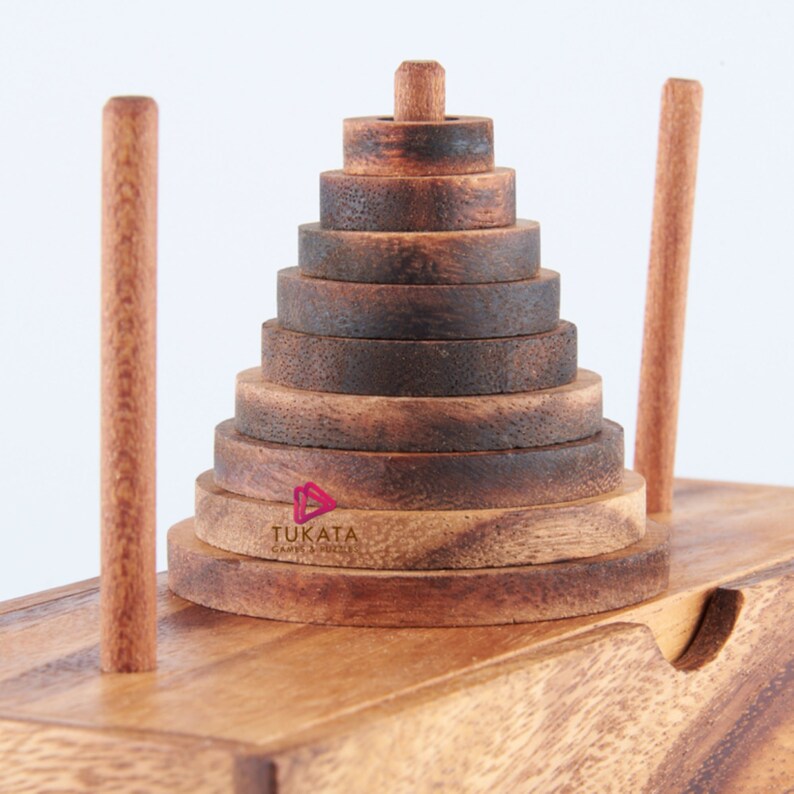 Pagoda 9 ring brain teaser puzzle, wood, handmade 3D puzzle-arrange rings on end column to solve 4