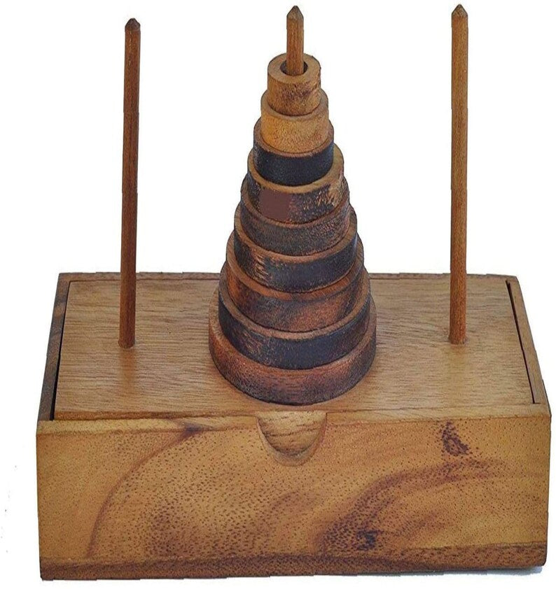 Pagoda 9 ring brain teaser puzzle, wood, handmade 3D puzzle-arrange rings on end column to solve 5